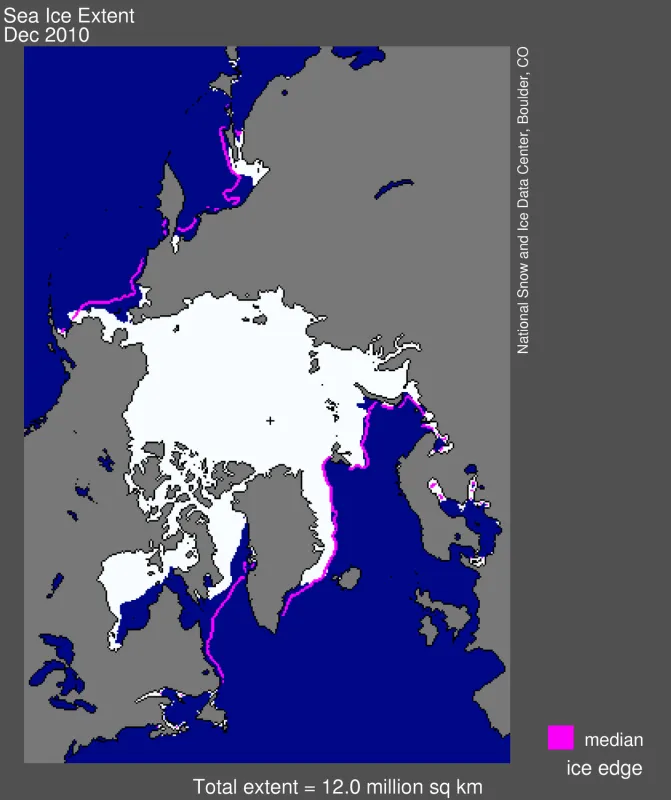 Arctic sea ice extent for December 2010 was 12.00 million square kilometers (4.63 million square miles).