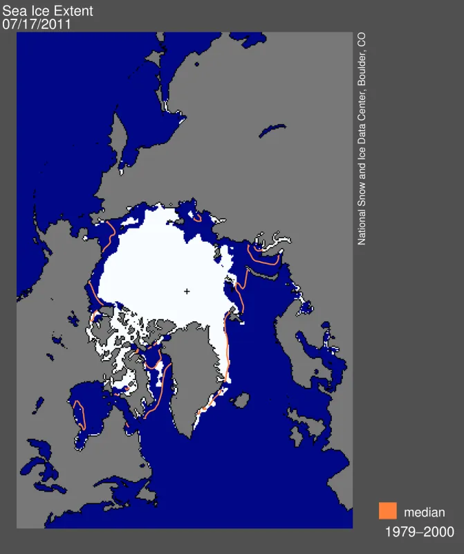 Arctic sea ice extent on July 17, 2011 was 7.56 million square kilometers (2.92 million square miles). 