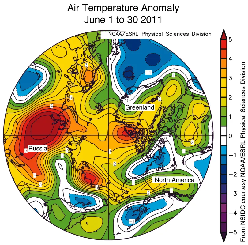  This map of air temperature anomalies for June 2011 shows warmer than average temperatures over much of the Arctic Ocean, except in the Greenland and Beaufort seas, where temperatures were near and slightly below normal.