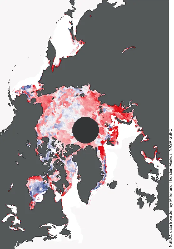 This map shows the difference between average date of melt onset, when ice melt starts, and the date of melt onset this year. Red indicates earlier than normal melt, blue shows later than normal melt. The darkest red is an anomaly of 50 days early or more. White areas show no anomaly, that is they melted no earlier or later than normal. 