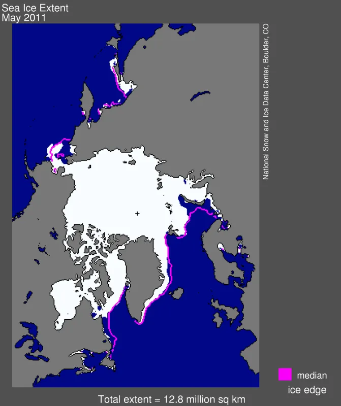 Arctic sea ice extent for May 2011 was 12.79 million square kilometers (4.94 million square miles).