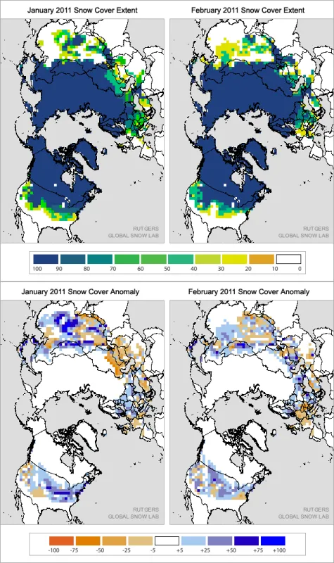 The maps of January and February 2011 snow cover data show the extent of snow cover over the Northern Hemisphere (top), and the percent difference from average snow cover extent from 1971 to 2000 (bottom). Strong positive departures can be seen over the midwestern U.S., western China, and Mongolia.