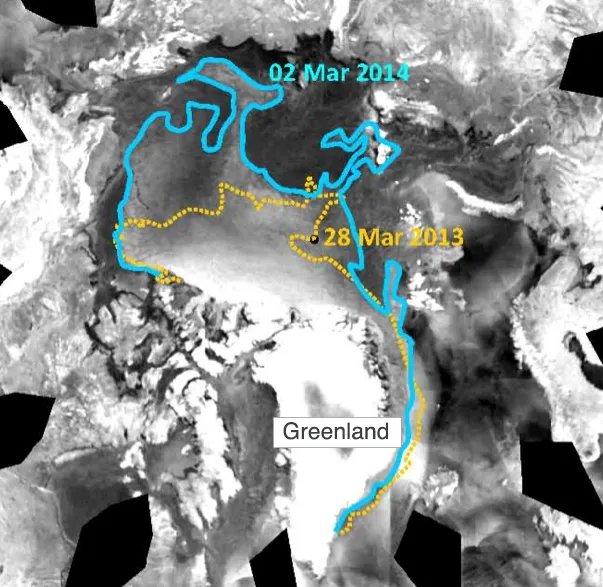  Imagery from the European Advanced Scatterometer (ASCAT) show the distribution of multiyear ice compared to first year ice for March 28, 2013 (yellow line) and March 2, 2014 (blue line).