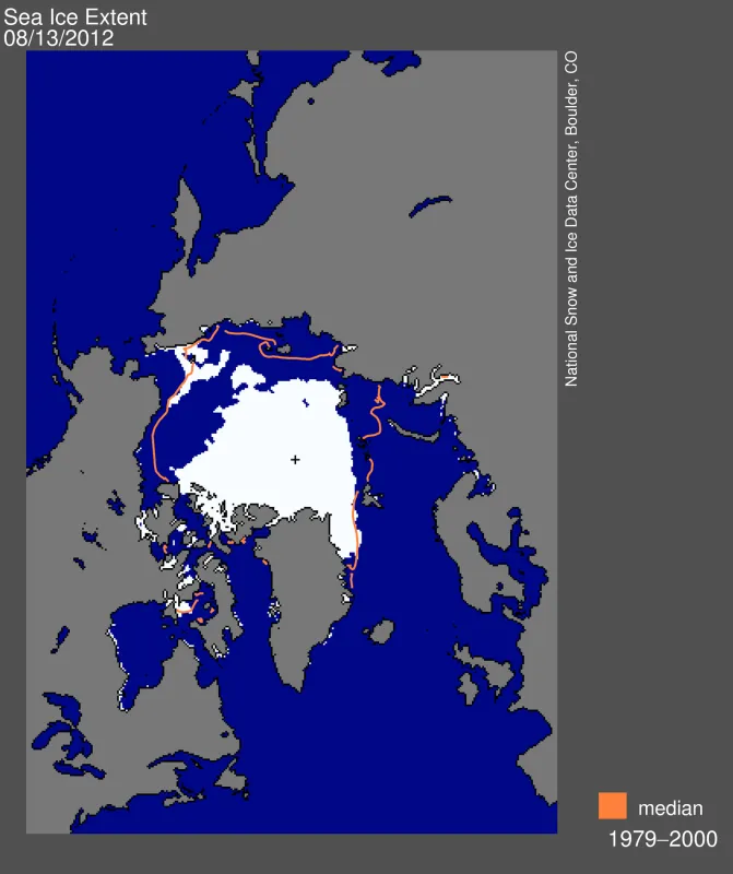 Arctic sea ice extent for August 13, 2012 was 5.09 million square kilometers (1.97 million square miles), 483,000 square kilometers (186,000 square miles) below the same day in 2007.