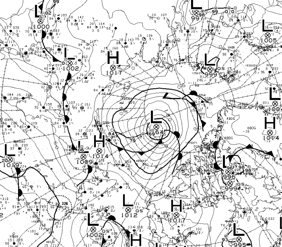  This subsection of the surface weather analysis from the Canadian Meteorological Centre for August 6, 2012 (at 0600 Greenwich Mean Time) shows a very strong cyclone over the central Arctic Ocean north of Alaska. The isobars (lines of equal pressure) are very tightly packed around the low pressure system, indicating strong winds. Greenland is on the right side of the figure while Canada is at the bottom.