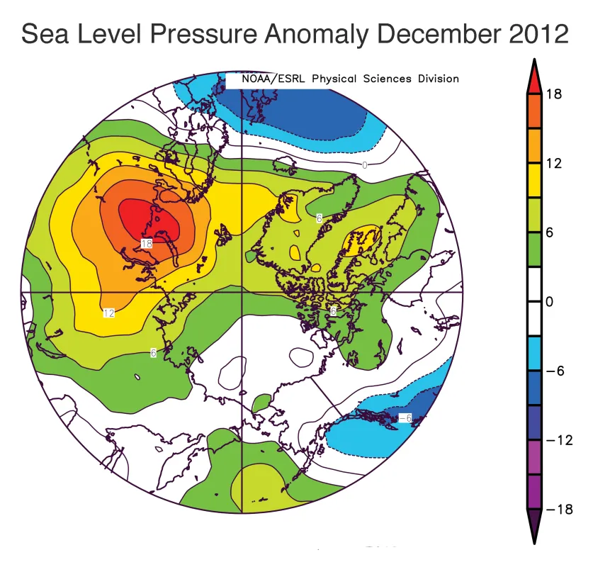 Map showing Arctic sea level pressure anomalies.