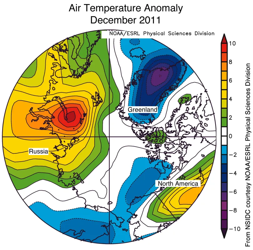 This map of air temperature anomalies at the 925 hPa level (approximately 3000 feet) for December 2011 shows near-normal or lower-than-average temperatures over much of the Arctic basin, while air temperatures over the Kara and Barents seas were warmer than normal.