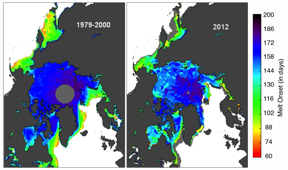 Left map shows average artic sea ice extent for 1979-2000; right map shows artic sea ice extent for 2012