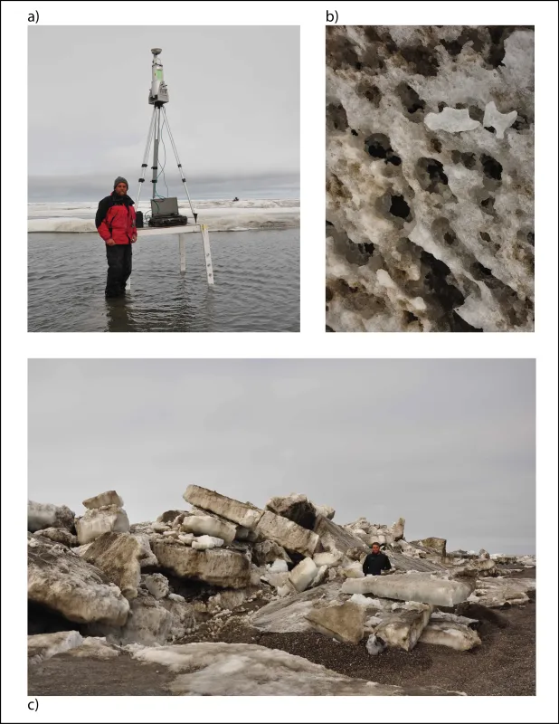 These photographs show sea ice on the fast ice near Barrow, Alaska. (a) Chris Polashenski stands in a melt pond with instrumentation, (b) honeycombed sample of rotten ice taken from the bottom of a melt pond, (c) sea ice rubble field after winds pushed the weakened sea ice onto the shore.