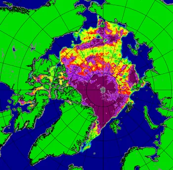 This composite image from the SSMIS instrument obtained on July 23, 2012 shows areas of low ice concentration in the Beaufort and Chukchi seas, the Canadian Archipelago, the East Greenland Sea, and north of Siberia. 