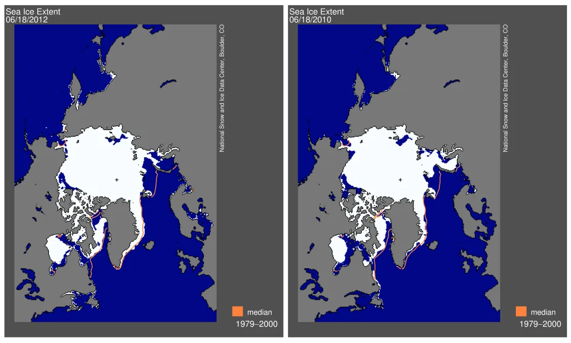 Arctic sea ice extent for 18 June 2012 (left) was 10.62 million square kilometers (4.10 million square miles), 31,000 square kilometers (12,000 square miles) below the same day in 2010 (right).