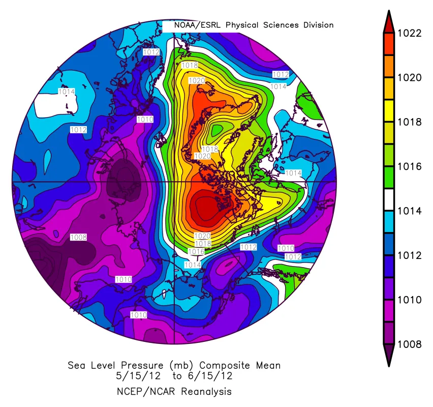 This map of mean sea level pressure from 15 May 2012 to 15 June 2012 shows a pattern of high pressure over the Beaufort Sea and a pattern of low pressure over the Laptev Sea, conditions favorable to summer ice loss.