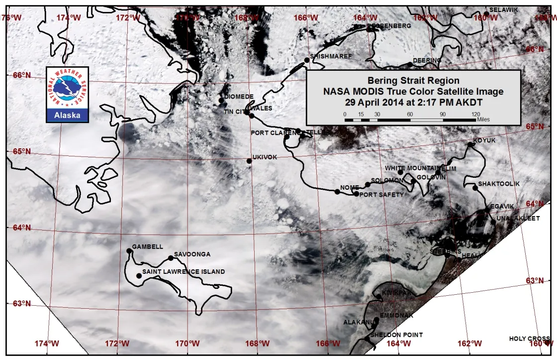 This image of the Bering Strait, taken by the NASA Moderate Resolution Imaging Spectroradiometer (MODIS) on April 29, shows the sea ice pack breaking up in the Bering Strait.