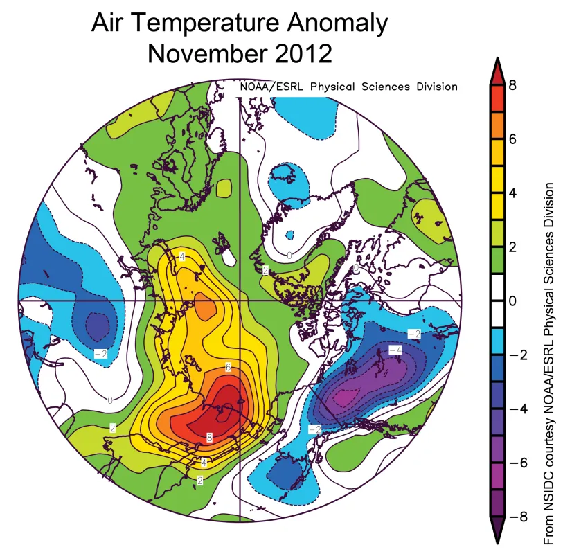 Map showing Arctic air temperature anomalies.