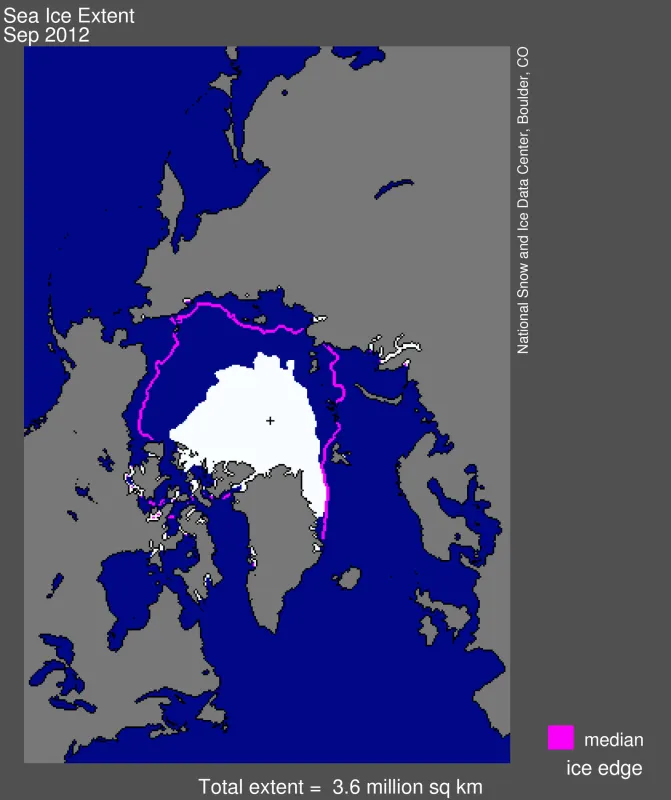 Arctic sea ice extent for September 2012 was 3.61 million square kilometers (1.39 million square miles).