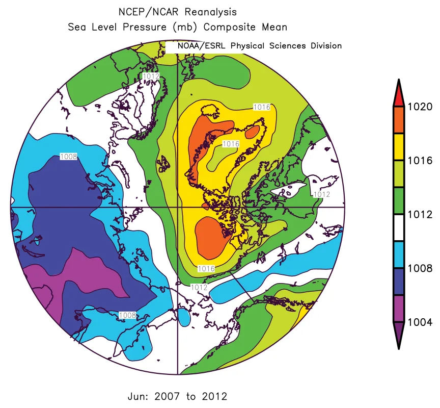 Map showing Arctic sea level pressures.