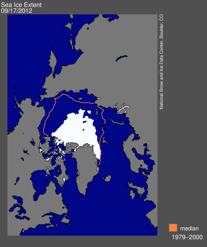 Arctic sea ice extent for September 17, 2012 was 3.41 million square kilometers (1.32 million square miles)