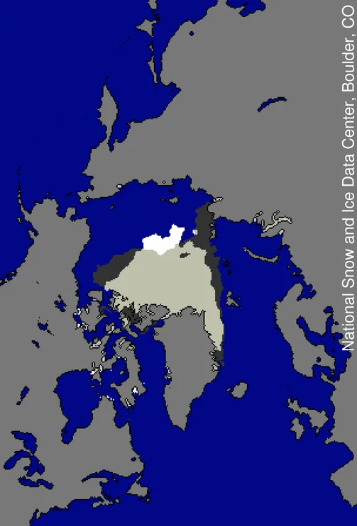 The image shows the different distribution of ice extent at the time of the September 2012 minimum, compared to the September 2007 minimum. Dark gray indicates where ice extent was present only in 2007; white indicates where ice extent was present only in 2012; and light gray shows where ice extent was present in both 2007 and 2012.