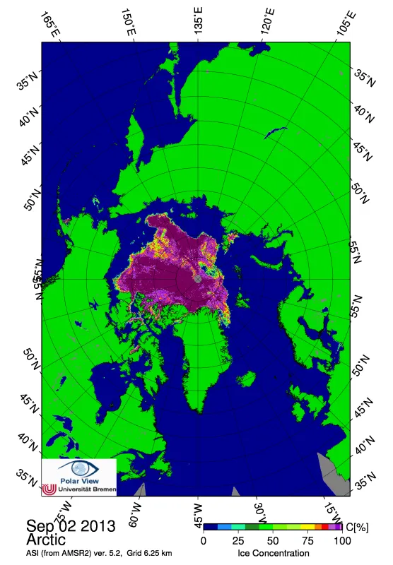 Image from satellite instrument showing Arctic sea ice concentration.