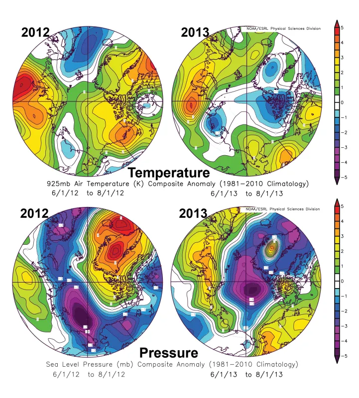 Images comparing air temperatures and air pressures at sea level.