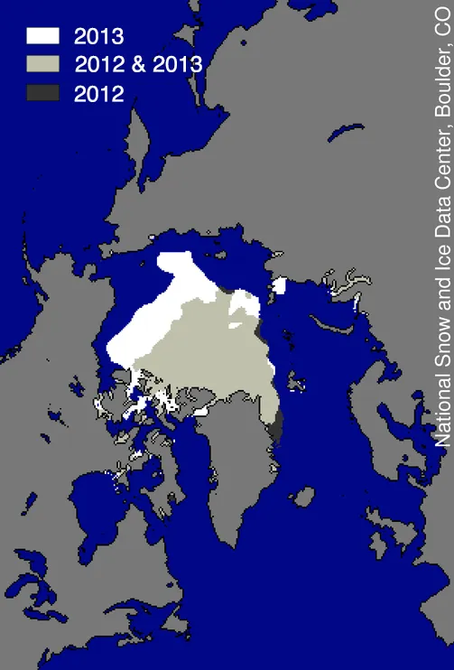 Map showing differences in ice-covered areas in the Arctic.