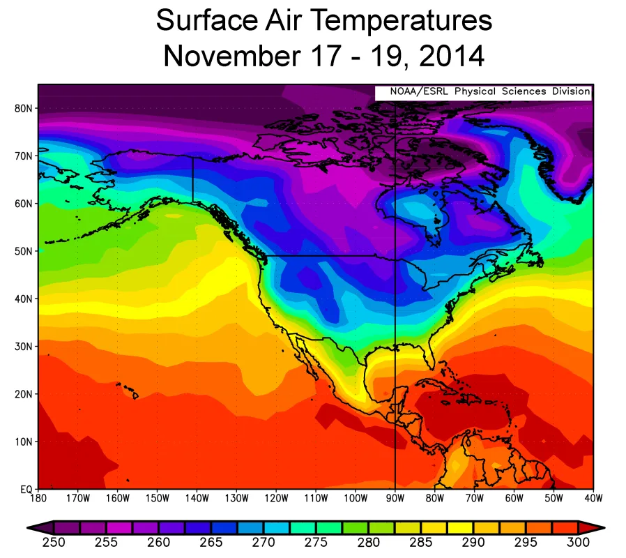 This plot of average surface air temperatures from November 17 to 19, 2014 over North America during a polar outbreak shows unusually cold air reaching down into the U.S. Temperatures are in degrees Kelvin. Blues and purples indicate sub-freezing temperatures.