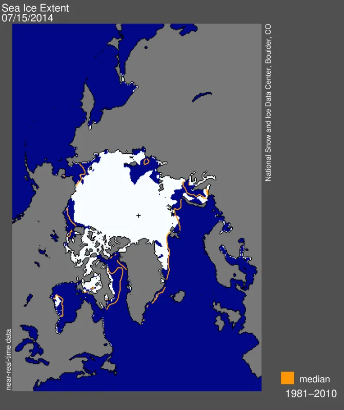 Arctic sea ice extent for July 15, 2014 was 8.33 million square kilometers (3.22 million square miles).