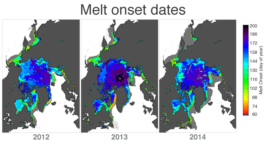 These images show melt onset dates in the Arctic for 2012, 2013, and 2014 based on the Japan Aerospace Exploration Agency (JAXA) AMSR-2 sensor. Dates are expressed as the day of the year. Areas in light gray are regions where the ice conditions could not permit melt onset detection, or where the melt onset dates are less than day 75. Note that the data for 2014 are preliminary.