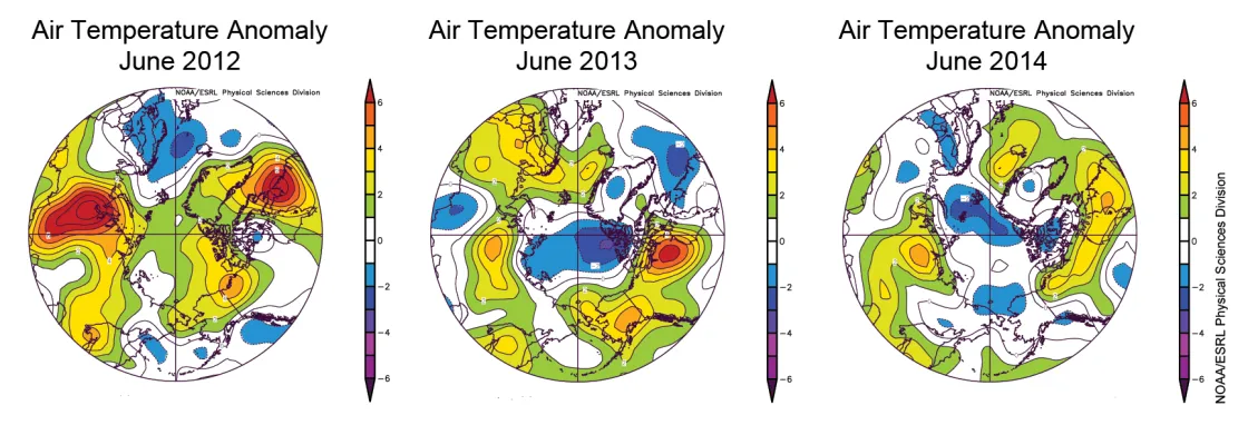 These images show air temperature anomalies for June 2012, 2013, and 2014 at the 925 Mb level (approximately 3,000 feet above sea level).