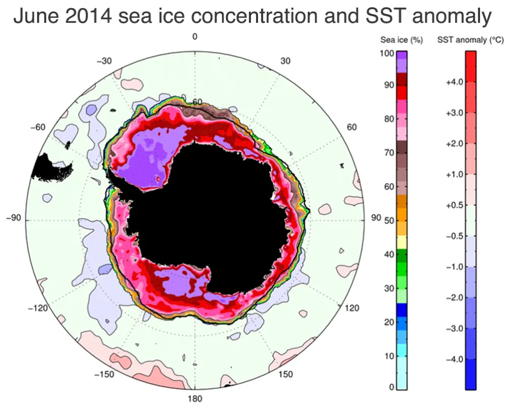 Antarctic sea ice concentration anomaly (deeper colors) and ocean surface temperature anomaly (pastel blue and red) for June 2014. Cool ocean conditions are present around much of the sea ice edge. The average ice edge is shown in black.