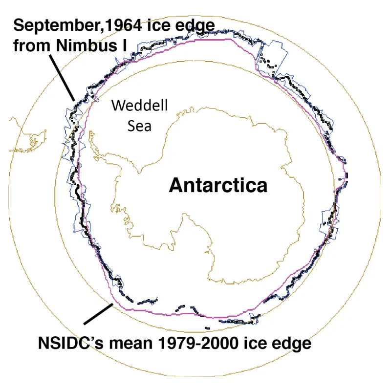 This map of the Antarctic ice edge for September 1964 from the Nimbus I satellite shows greater ice extent than the modern satellite period (1979 to 2014). A similar mapping of the August 1966 sea ice extent showed lower ice extent than modern data have shown for that month. The figure is modified from Gallaher et al., 2014.