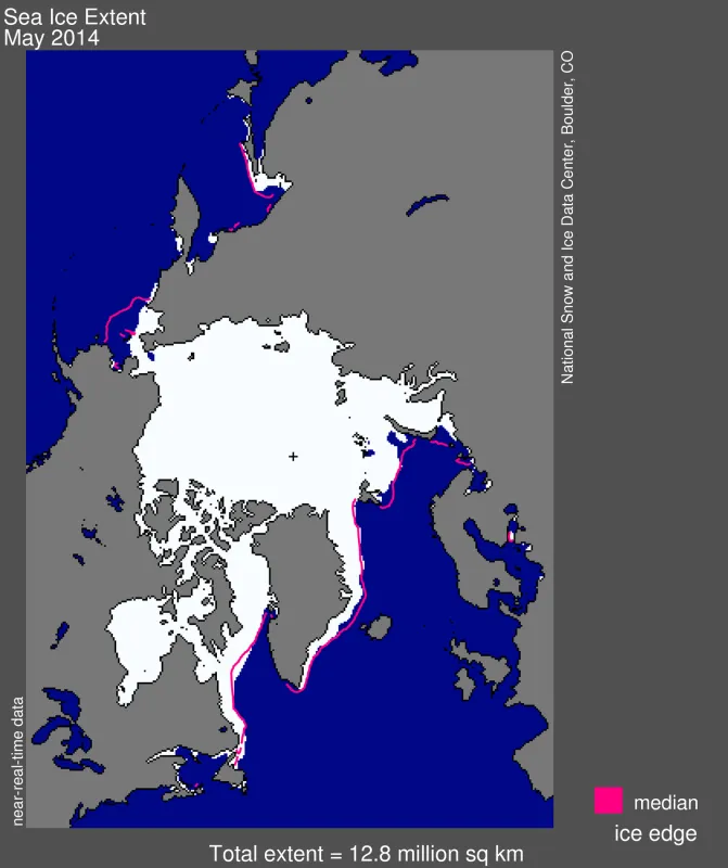 Arctic sea ice extent for May 2014 was 12.78 million square kilometers (4.93 million square miles).