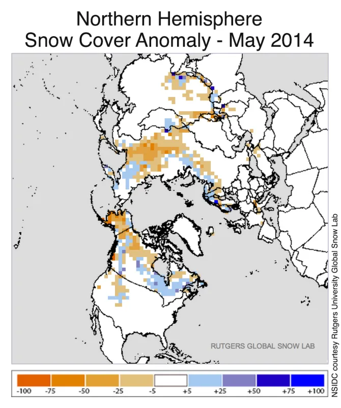 This snow cover anomaly map shows the difference between snow cover for May 2014, compared with average snow cover for May from 1981 to 2010. Areas in orange and red indicate lower than usual snow cover, while regions in blue had more snow than normal.