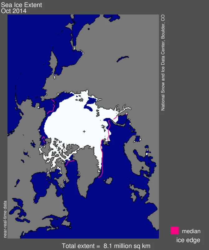 Arctic sea ice extent for October 2014 was 8.06 million square kilometers (3.11 million square miles). 