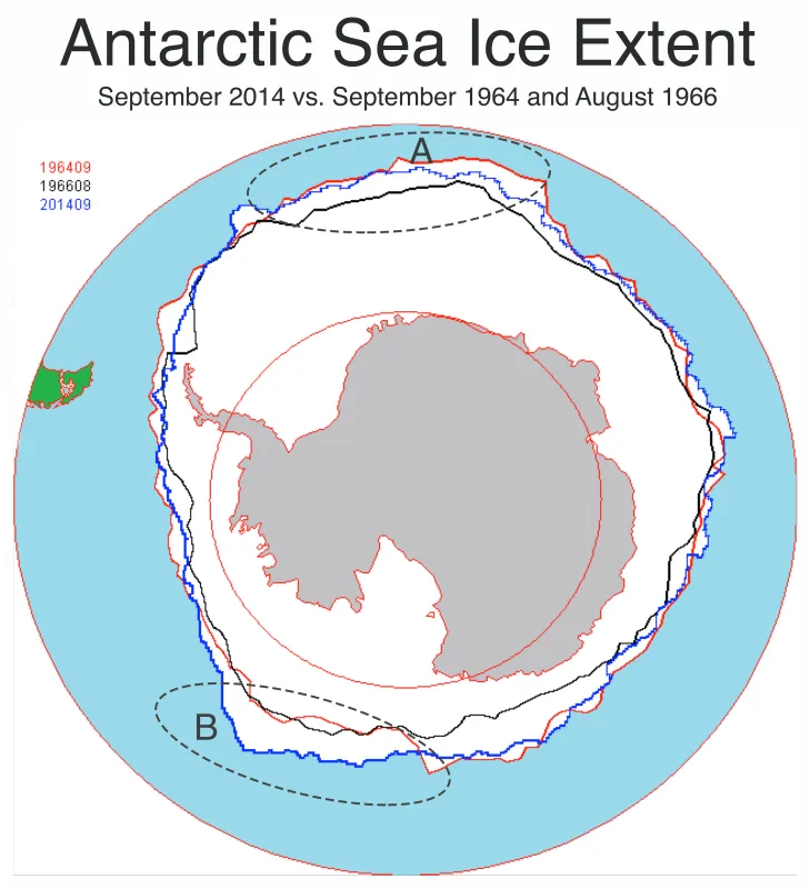 This image compares Antarctic sea ice extent for September 2014 (blue line) with extent for September 1964 (red line) and August 1966 (black line).