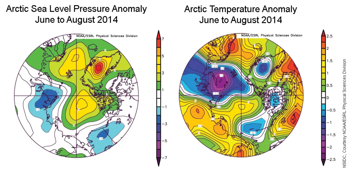 These images show June to August sea level pressure anomalies, compared to the 1981 to 2010 average, (left) and June to August temperature anomalies at the 925 hPa level, compared to the 1981 to 2010 average (right).