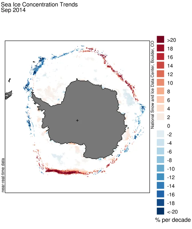 This image shows sea ice concentration trends for the month of September 2014. Oranges and reds indicate higher concentration trends; blues indicate lower concentration trends