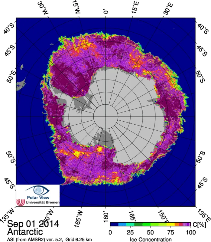  This image series shows Antarctic sea ice concentration from September 1 to September 30, 2014.