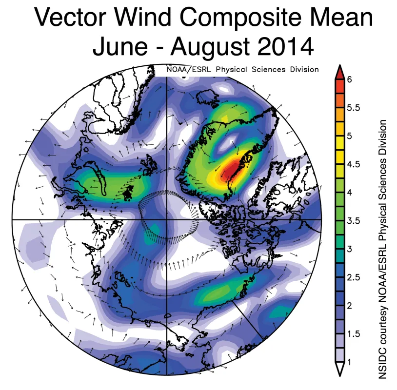 This map shows surface wind patterns over the Arctic region from June to August 2014.