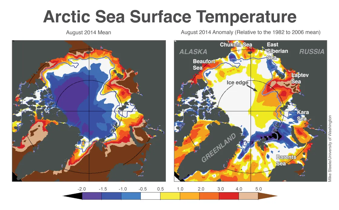 These maps show Arctic sea surface temperatures (left) and temperature anomalies (right) for August 2014, in degrees Celsius.