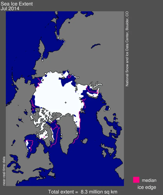 Figure 1. Arctic sea ice extent for July 2014 was 8.25 million square kilometers (3.19 million square miles). 