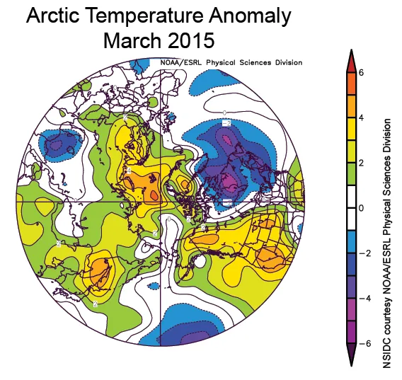 The plot shows Arctic air temperature anomalies at the 925 hPa level in degrees Celsius for March 2015. 