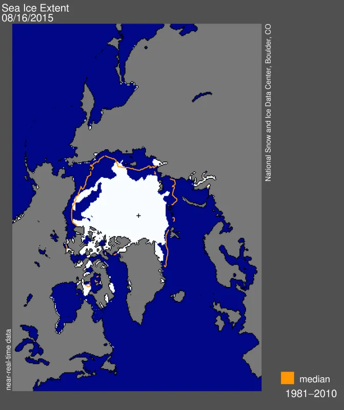 Arctic sea ice extent for August 16, 2015 was 5.79 million square kilometers (2.24 million square miles).