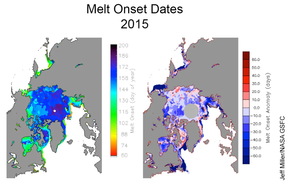 The map at left shows melt onset dates for 2015. The map at right shows anomalies (departure from average) compared to the 1981 to 2010 long-term average.