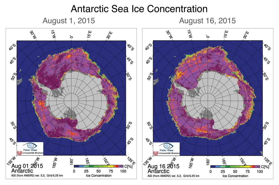 The above images compare Antarctic sea ice concentration for August 1, 2015 and August 16, 2015. Data are from the Advanced Microwave Scanning Radiometer 2 (AMSR2) sensor on the Global Change Observation Mission 1st – Water (GCOM-W1) satellite.