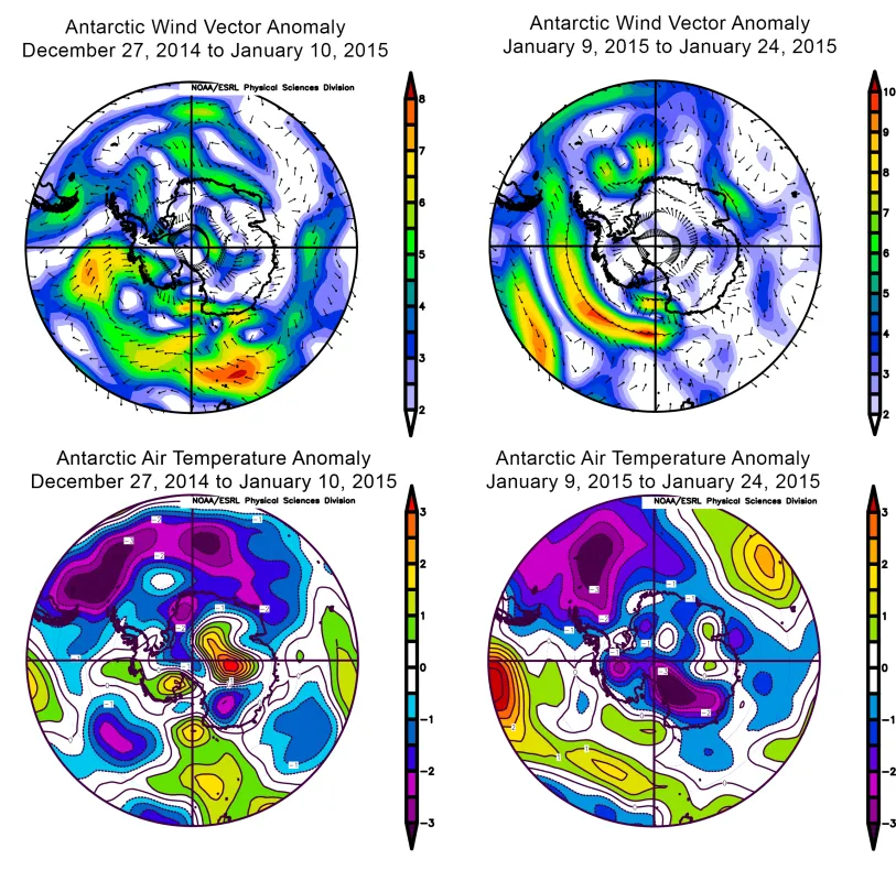 These images show Antarctic wind vector (top) and air temperature (bottom) anomalies for late December 2014 to early January 2015, compared to 1981 to 2010 averages.