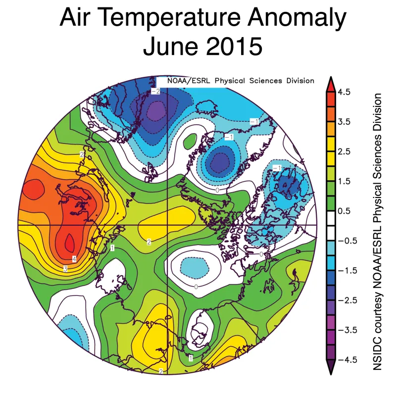  The plot shows Arctic air temperature anomalies at the 925 hPa level in degrees Celsius for June 2015. 