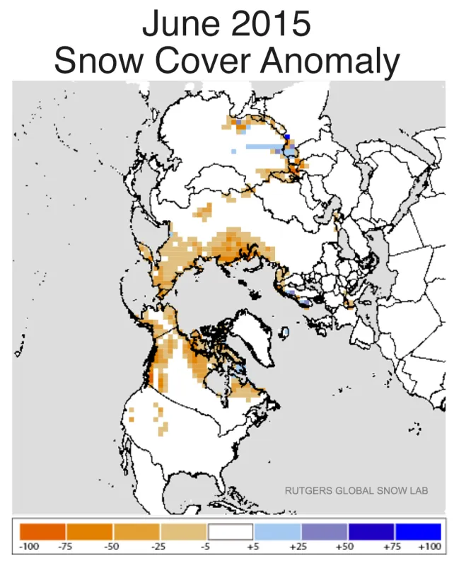 This snow cover anomaly map shows how snow cover for June 2015 differs from the average snow cover for June from 1981 to 2010. 