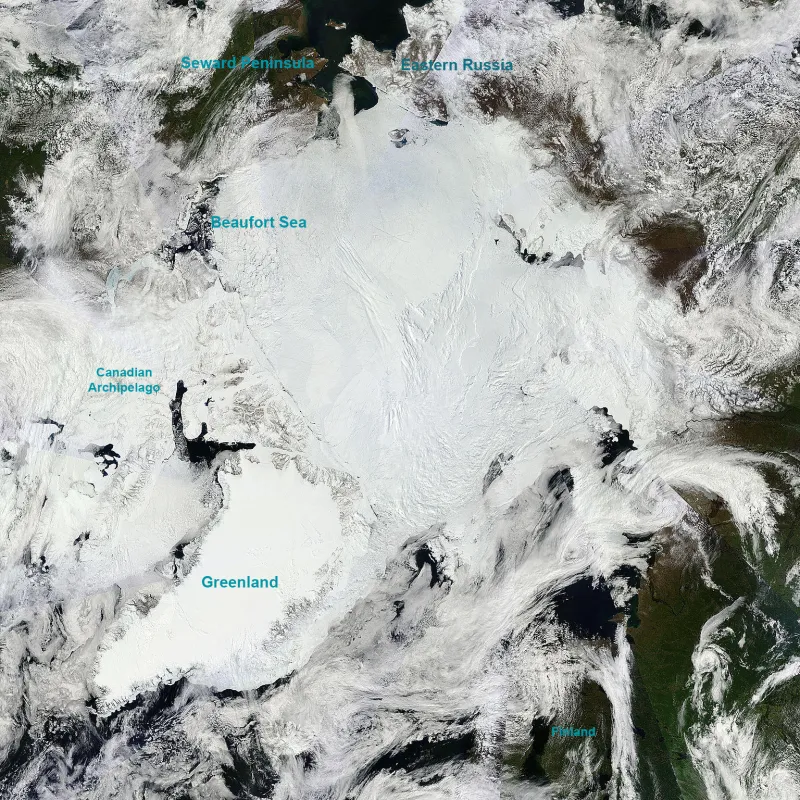 In this satellite image, captured on June 2, 2015, broken up ice over the eastern Beaufort Sea is apparent.