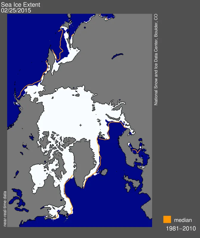 Arctic sea ice extent for February 25, 2015 was 14.54 million square kilometers (5.61 million square miles).